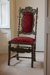 Fabulous Pair Of Carolean Style Polychrome Chairs Carved With Prince Of Wales Feathers And Cherubs, Zoffany Firle Trellis Fabric